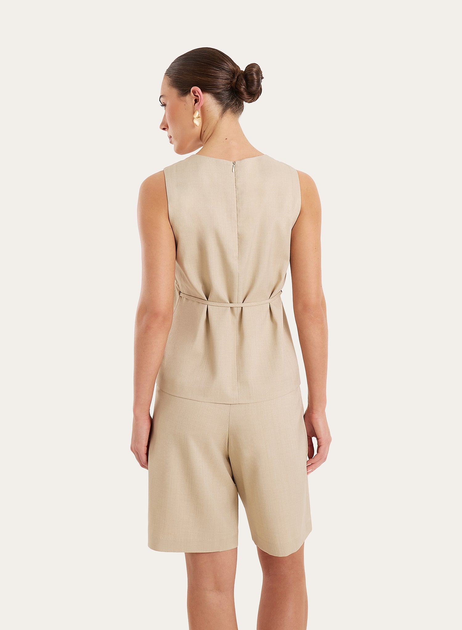 Beige Tailored Tie Waist Detail Wrap Front Top